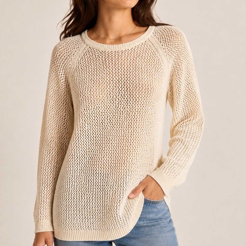 BCBGmaxazria Womens Cream Open Knit Crew Neck Raglan Sleeve Sweater Size L
